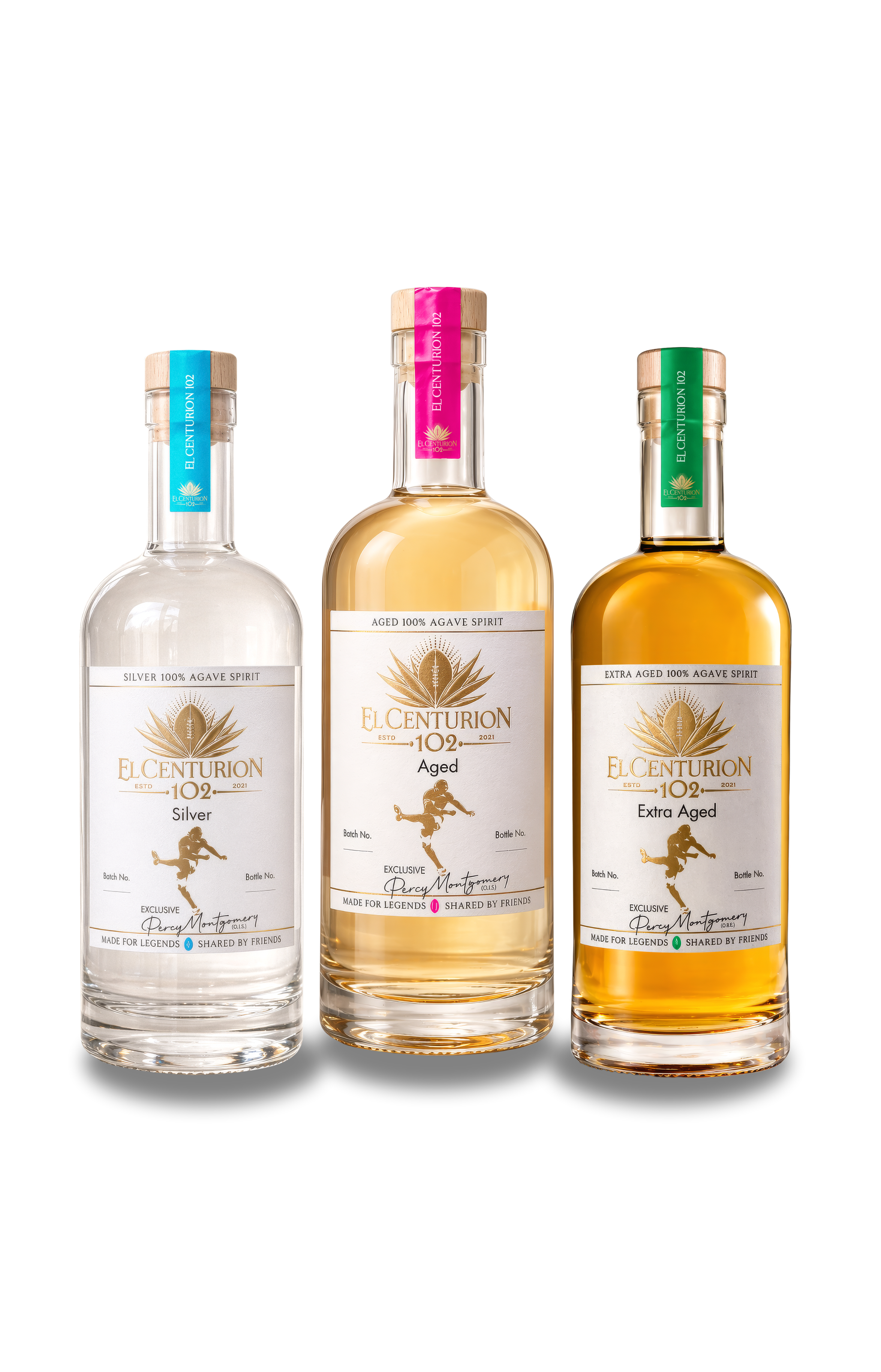 Three bottles of El Centurion tequila on a white background
