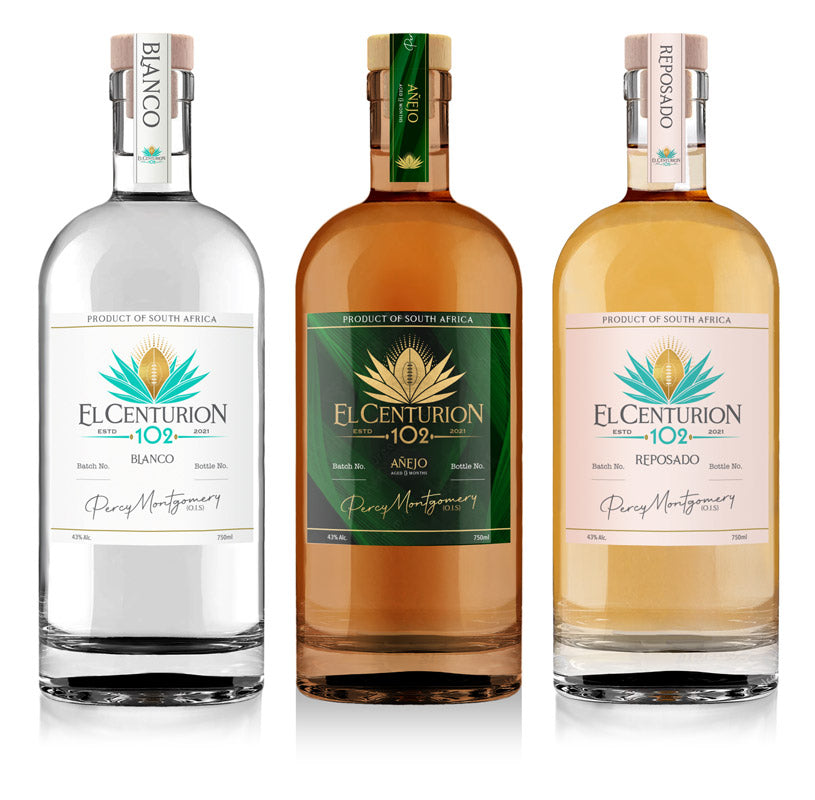 Three bottles of El Centurion agave with different labels on a white background
