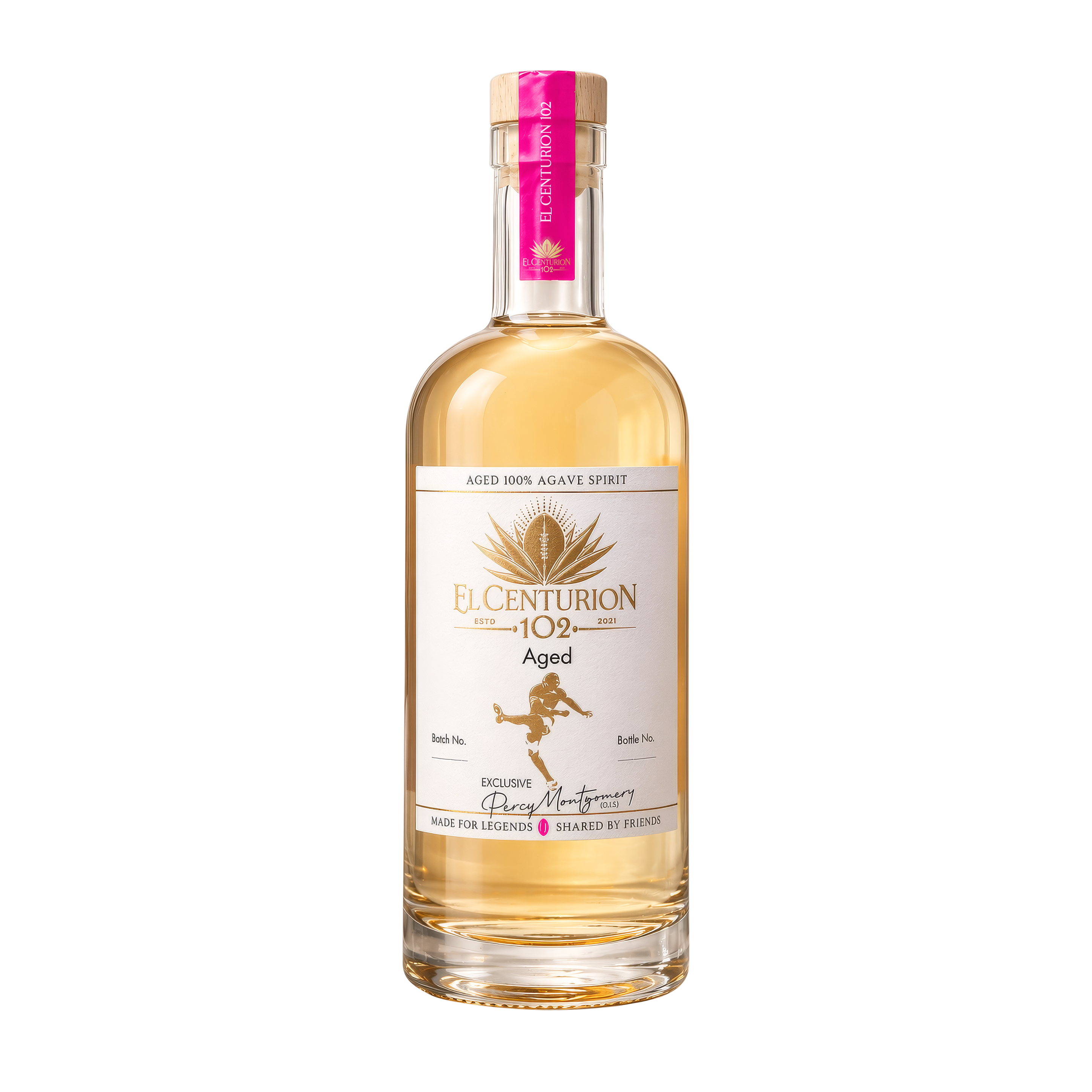 Bottle of El Centurion 102 agave spirit on a white background