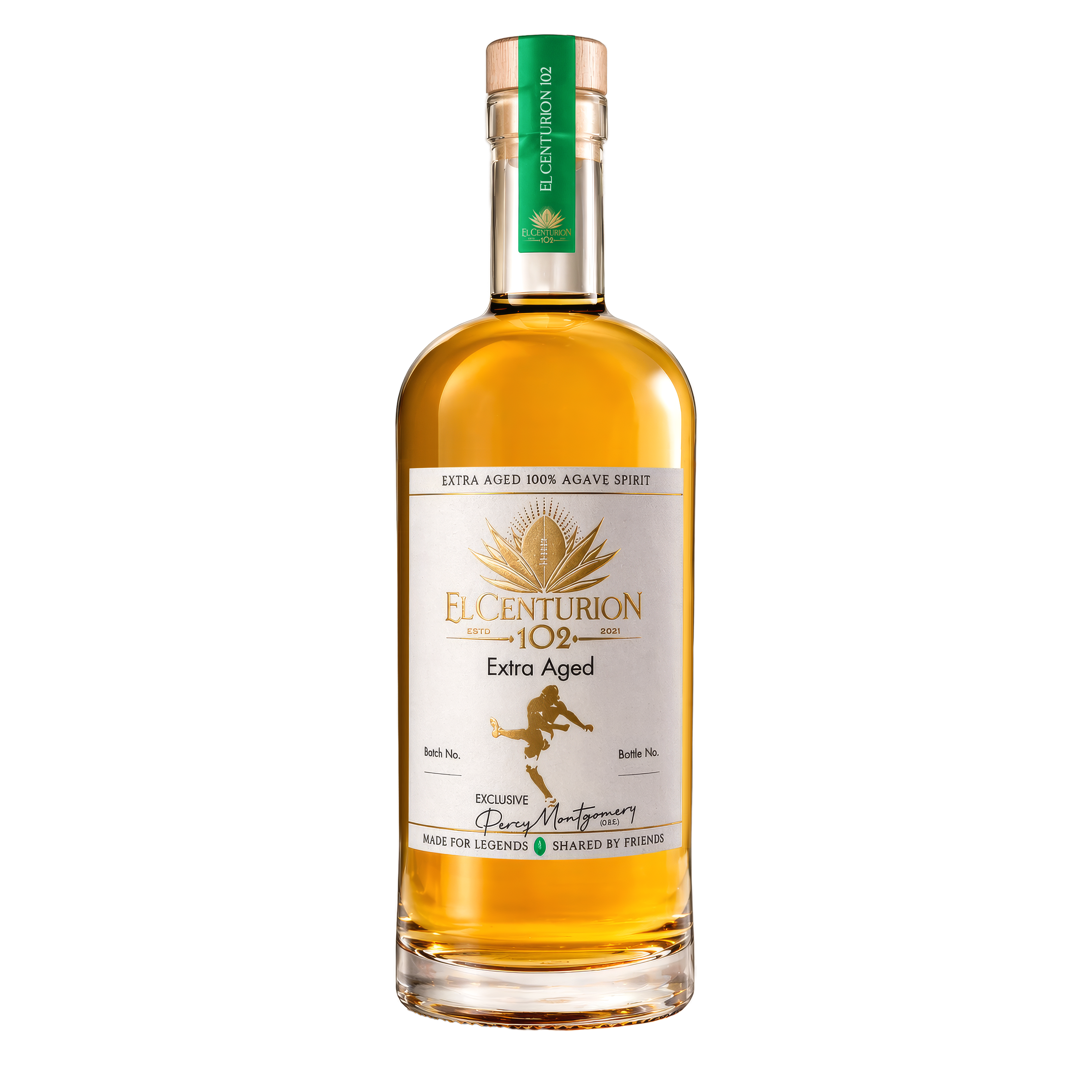 Bottle of Elcenturion 102 agave spirit on a white background