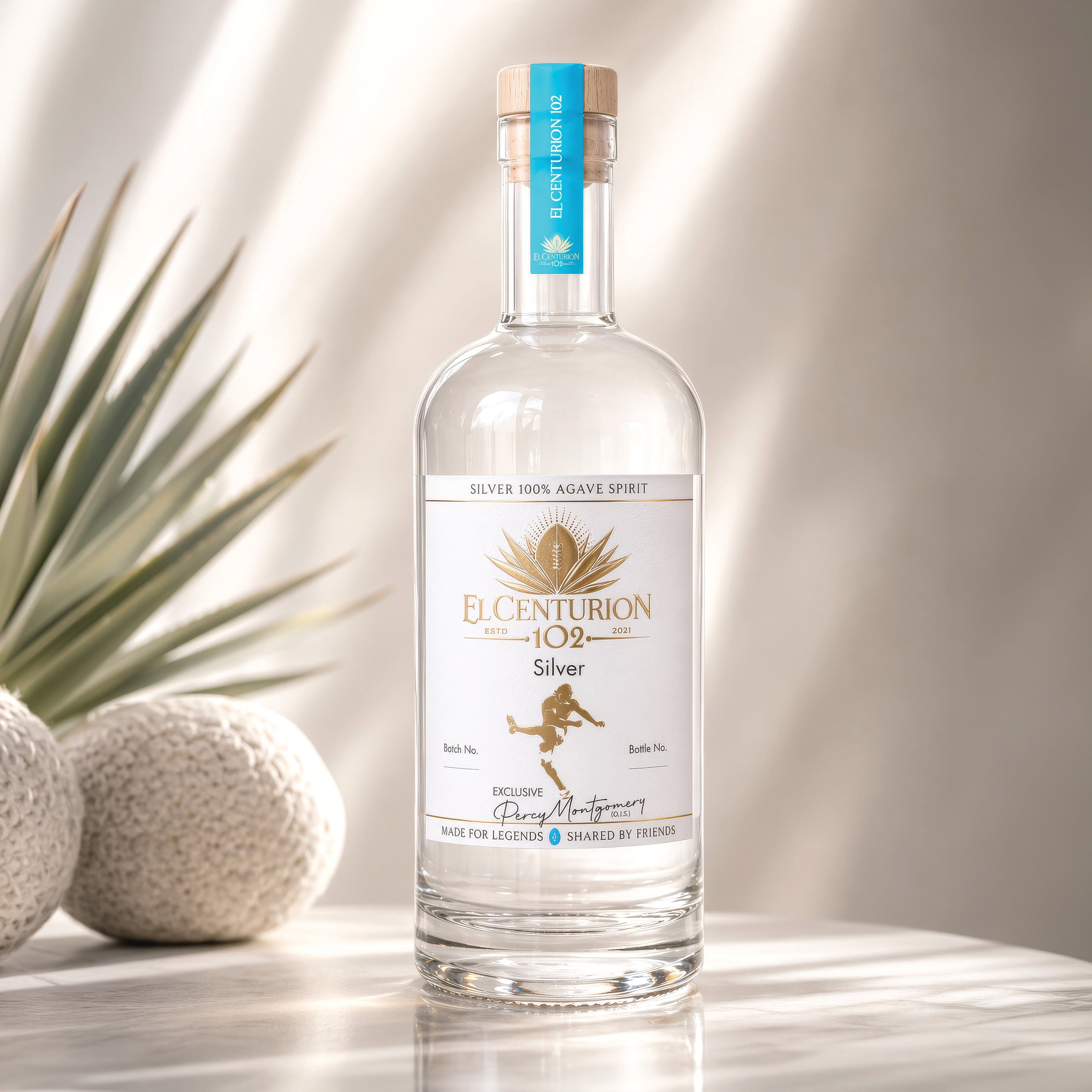 Bottle of El Centurion 102 Silver agave with a plant and stones in the background