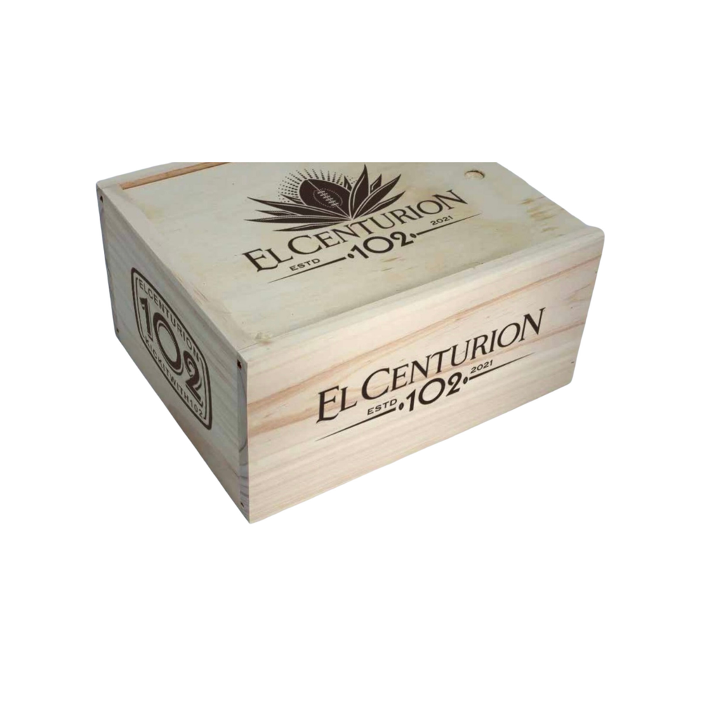 Wooden box with 'El Centurion' branding on a white background