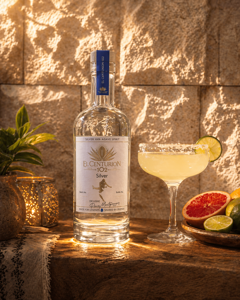 Bottle of El Centurion Silver Agave on a wooden surface with a cocktail and fruit garnishes.